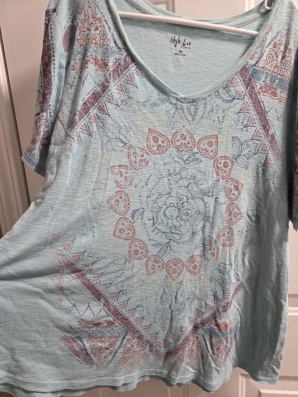 Style & Co. Light Blue V-Neck Boho Print Short Sleeve Top